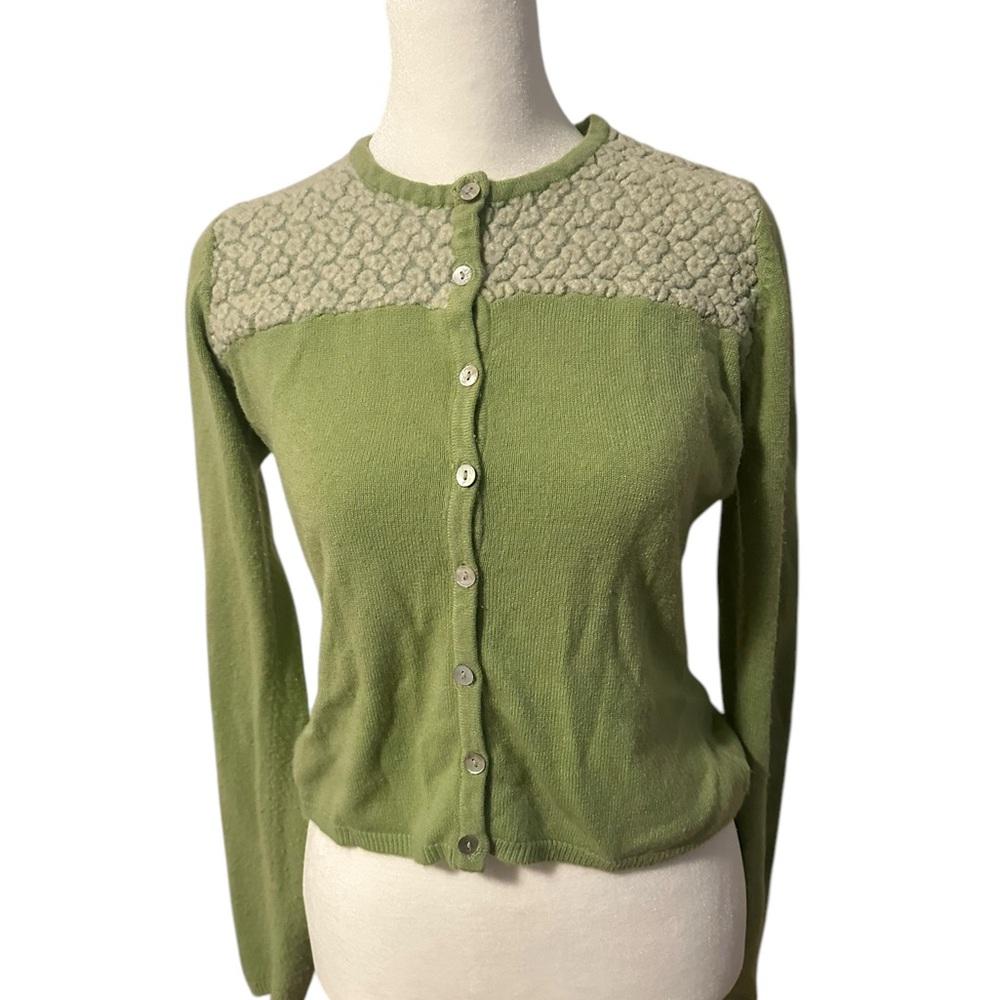 Free People Wool Blend Green Cardigan with Lacy Yoke
